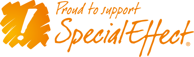 Logo for SpecialEffect, exclamation mark on orange background. Text "Proud to support Special Effect"